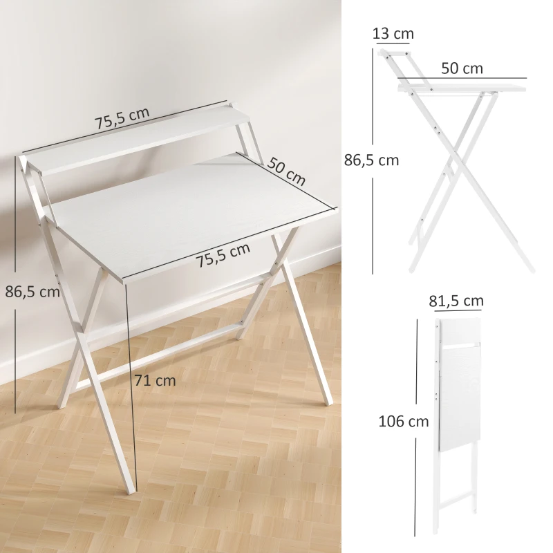 HOMCOM Klappbarer Schreibtisch 75,5 x 50 cm mit Ablagefach für Schlafzimmer, kleine Räume, Weiß