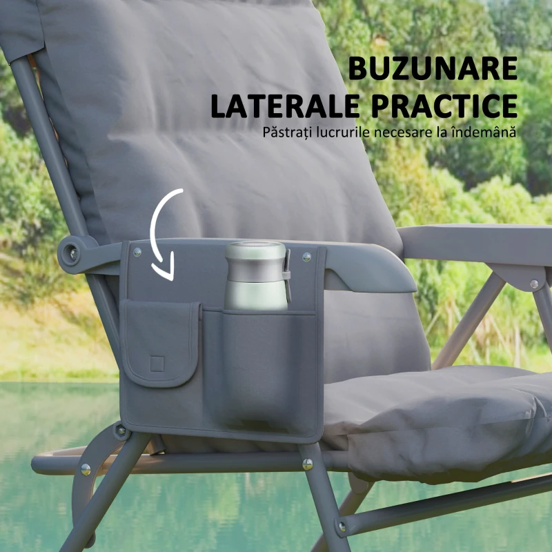 Outsunny Scaun de Camping Pliabil cu Spătar Înalt Reglabil în 5 Poziții și Buzunare Laterale, 66x58x105 cm, Gri Deschis
