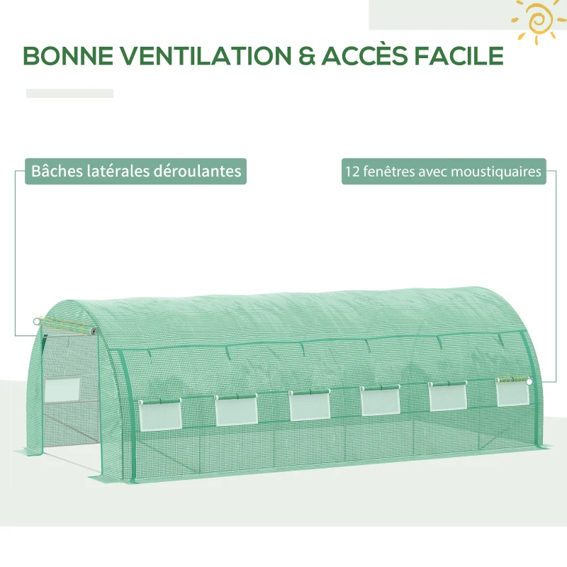 Outsunny Serre de jardin serre tunnel 18 m² avec porte, parois latérales enroulables 12 fenêtres acier PE  4 x 3 x 2 m vert