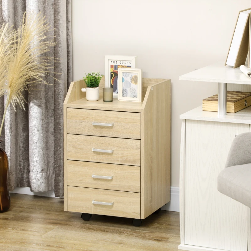 Vinsetto Caisson de bureau rangement sur roulettes 4 tiroirs coulissants MDF et panneaux de particules dim. 40L x 36l x 65H cm naturel