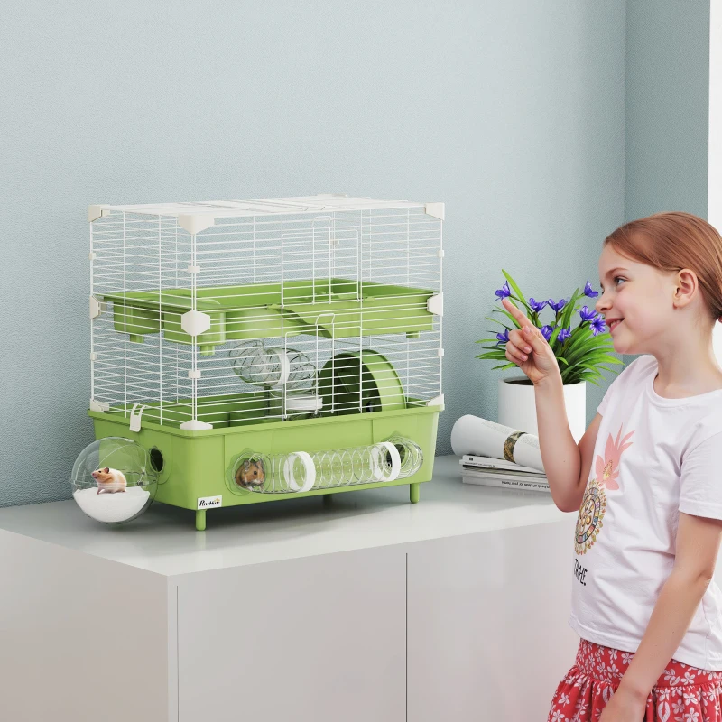 PawHut Hamsterkäfig auf 2 Ebenen und 3 Türen mit Laufrad und Röhren, aus Stahl, PS und PP, 44,5x28x44 cm, Grün und Weiß