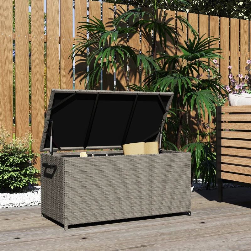 Outsunny Garten-Aufbewahrungsbox aus wetterbeständigem Polyrattan, Auflagenbox im Freien 184 L Gasdruckfedern, UV-beständig 102x52x52cm Grau