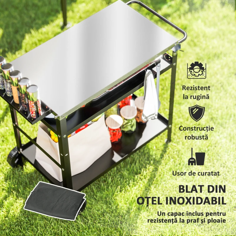 Outsunny Cărucior pentru Grătar cu Blat din Oțel Inoxidabil și Raft Reglabil, 100x52x80 cm, Negru