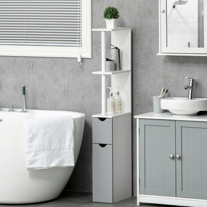 kleankin Colonna Bagno con 2 Ripiani e 2 Armadietti, in Legno, 15.2x29.8x118 cm, Bianco e Grigio