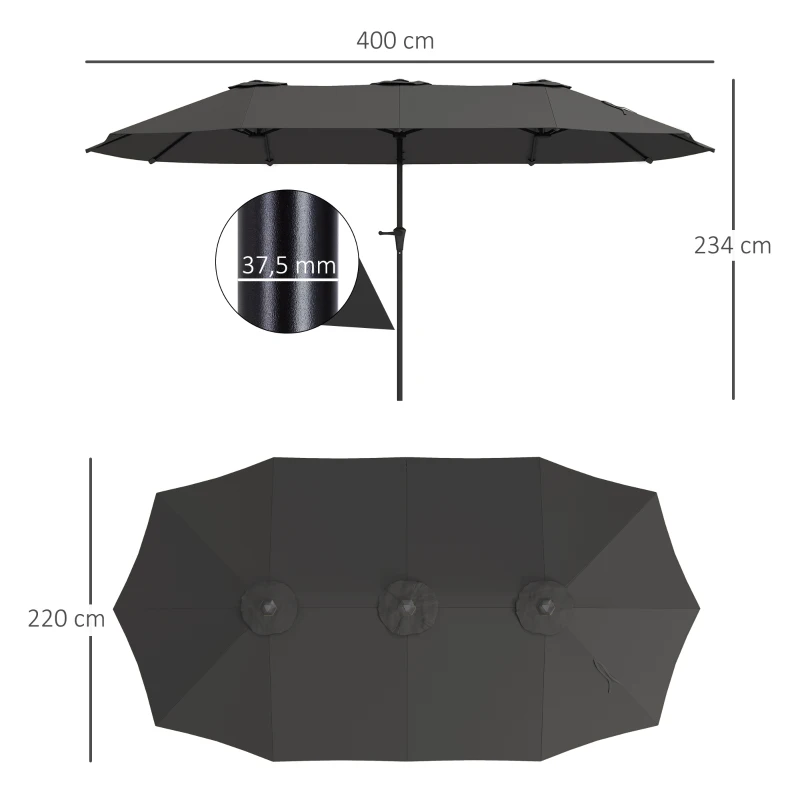 Outsunny Garten-Doppelrechteck-Sonnenschirm 4 x 2,2 x 2,3 m mit Kurbel Dunkelgrau