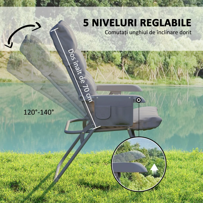 Outsunny Scaun de Camping Pliabil cu Spătar Înalt Reglabil în 5 Poziții și Buzunare Laterale, 66x58x105 cm, Gri Deschis