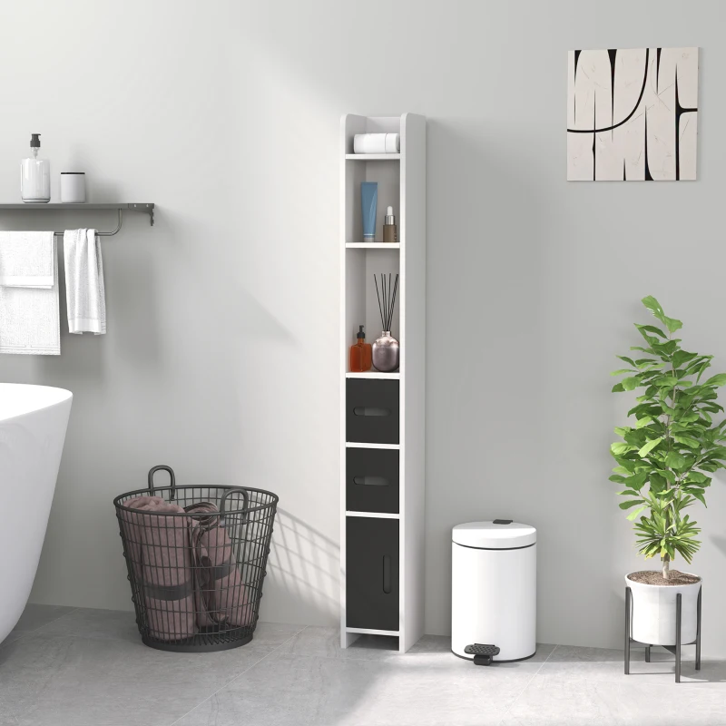 kleankin Colonna Bagno con 3 Mensole e 3 Armadietti, in Legno, 15x17x120 cm, Bianco e Nero