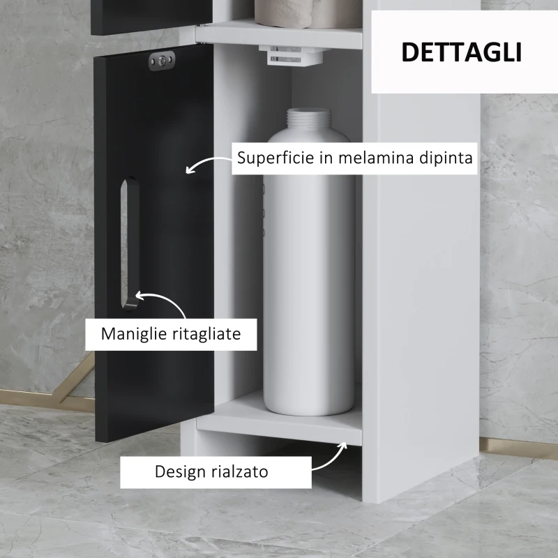 kleankin Colonna Bagno con 3 Mensole e 3 Armadietti, in Legno, 15x17x120 cm, Bianco e Nero