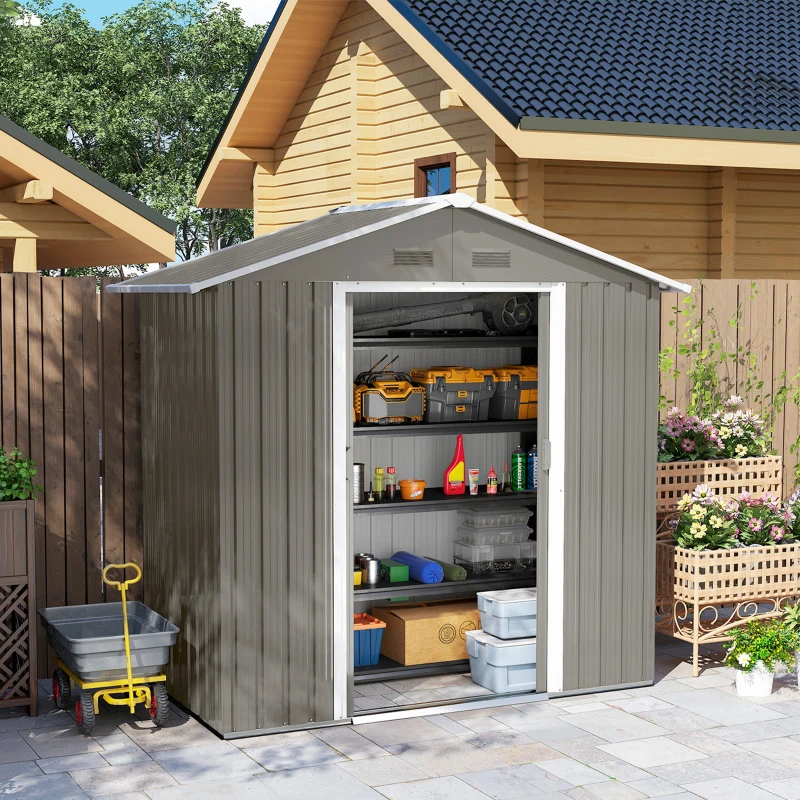 Outsunny Abri de jardin en métal 1,8 m², cabane de jardin à outils en métal, 194 x 110 x 184 cm, grand espace de rangement extérieur avec portes coulissantes et 4 aérations, gris(m-2)