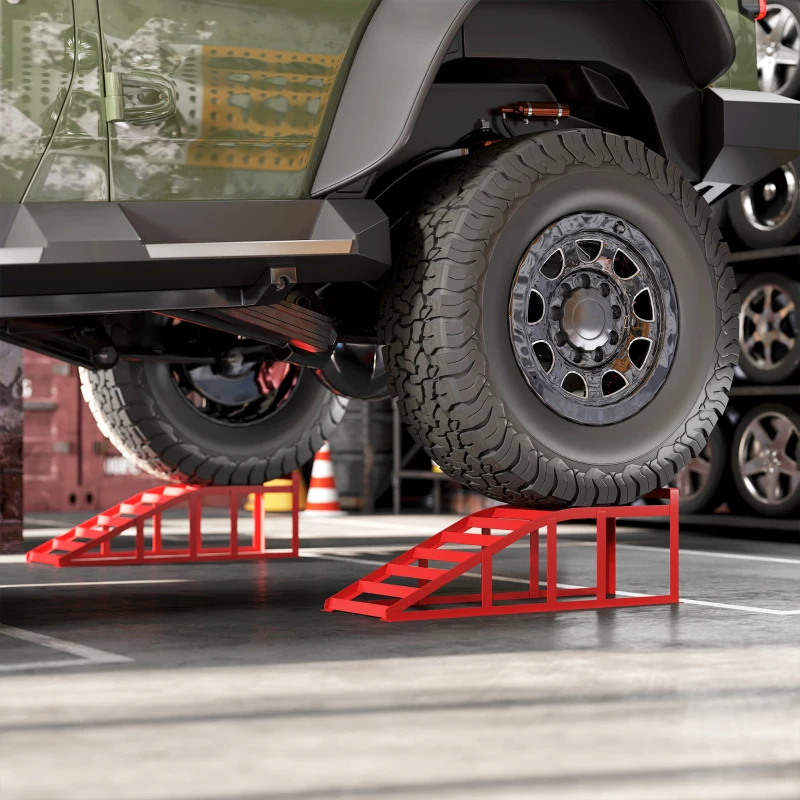 HOMCOM Set aus 2 Auffahrrampen für Autos, Auto-Auffahrrampe aus Stahl, rutschfest, 82 x 25,5 x 27 cm, Rot