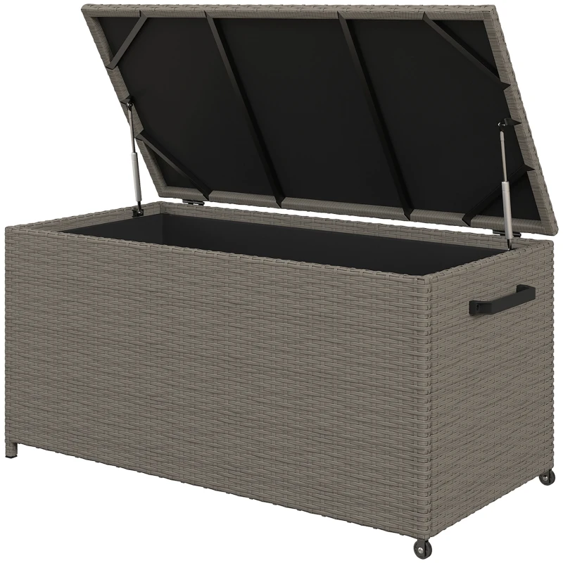 Outsunny Garten-Aufbewahrungsbox aus wetterbeständigem Polyrattan, Auflagenbox im Freien 184 L Gasdruckfedern, UV-beständig 102x52x52cm Grau