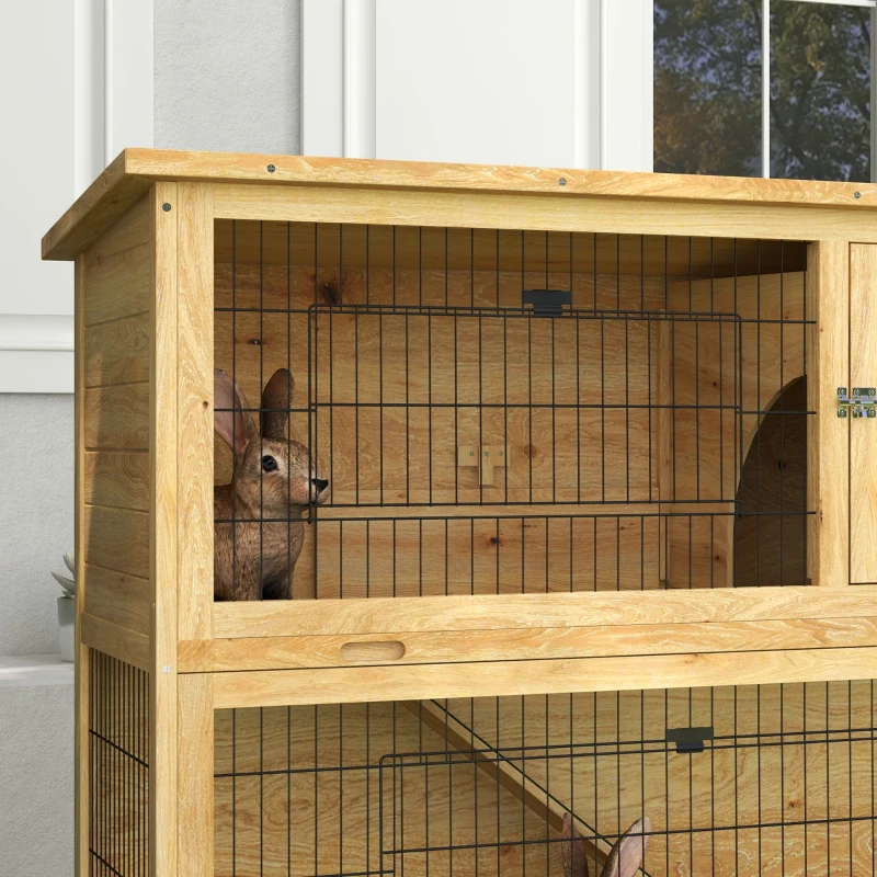 PawHut Kaninchenstall aus Holz 2 Etagen mit 3 Türen herausziehbarem Tablett Rampe Bitumendach 120 x 50 x 102 cm gelb
