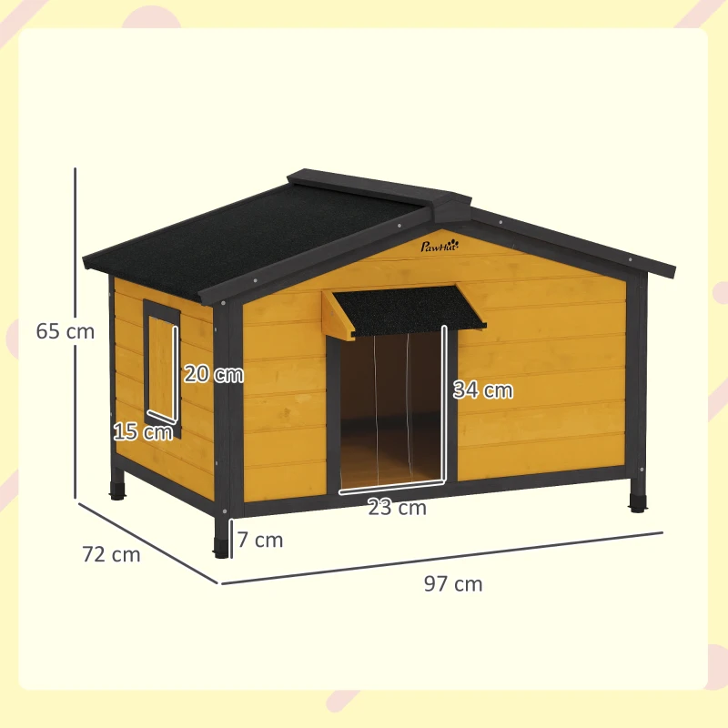 PawHut Hundehaus für Draußen mit Klappbarem Asphaltdach Fenstern und herausnehmbarer Basis 97x72x65 cm Naturholz