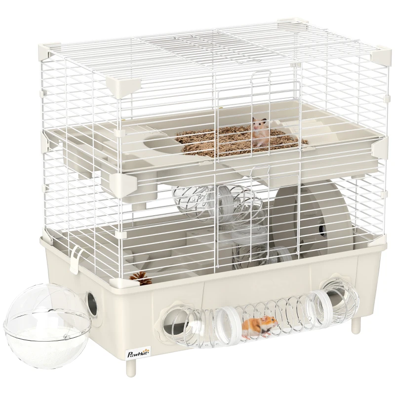 PawHut Hamsterkäfig mit 2 Ebenen und 3 Türen mit Rad und Röhren, aus Stahl, PS und PP, 44,5x28x44 cm, Creme und Weiß