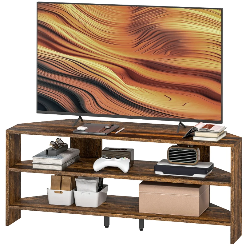 HOMCOM Corner TV Stand with 2 Open Shelves for 47 Inch TV - Rustic Brown