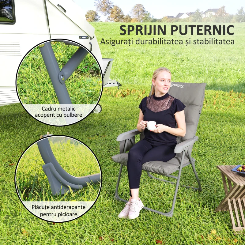 Outsunny Scaun de Camping Pliabil cu Spătar Înalt Reglabil în 5 Poziții și Buzunare Laterale, 66x58x105 cm, Gri Deschis