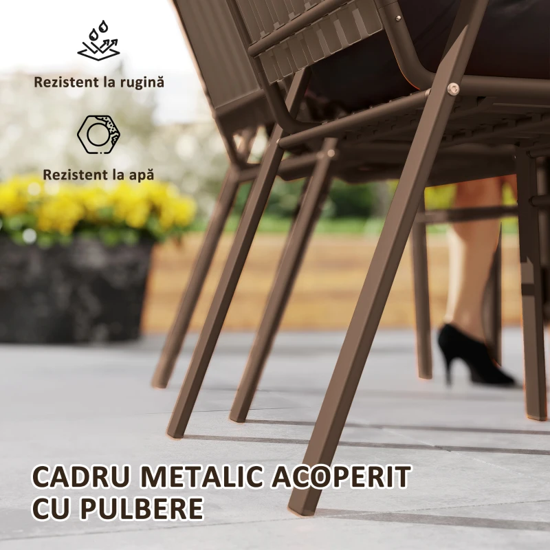 Outsunny Set de 4 Scaune de Grădină Stivuibile cu Spătar Înalt și Brațe, 56x66x91 cm, Maro Închis