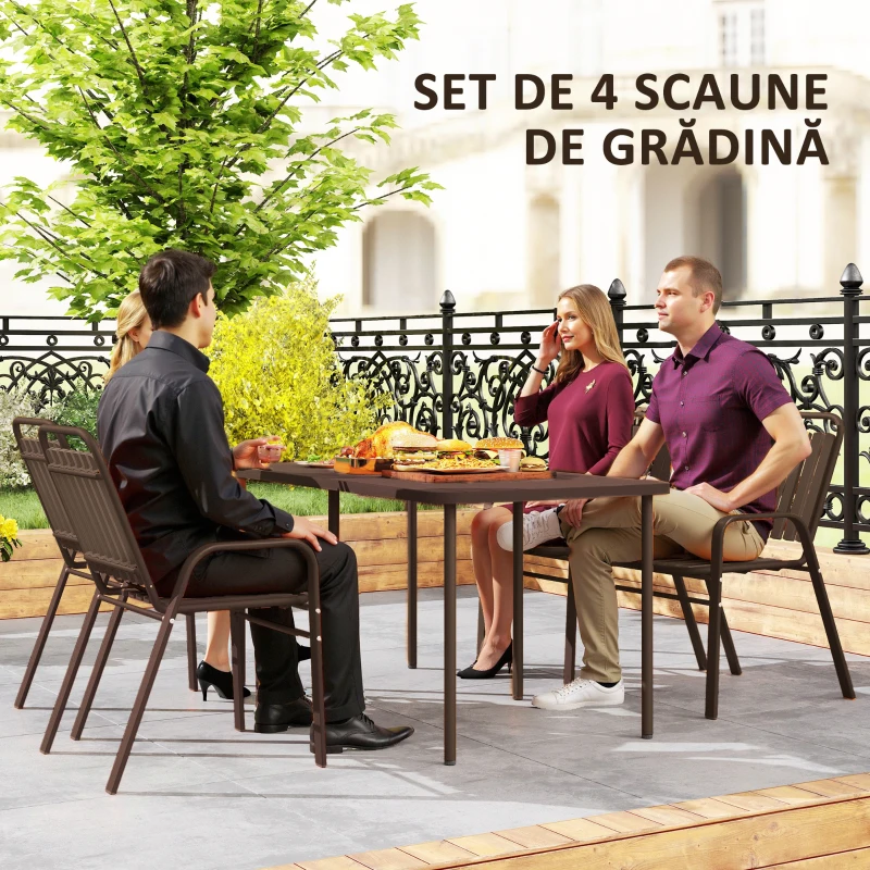 Outsunny Set de 4 Scaune de Grădină Stivuibile cu Spătar Înalt și Brațe, 56x66x91 cm, Maro Închis
