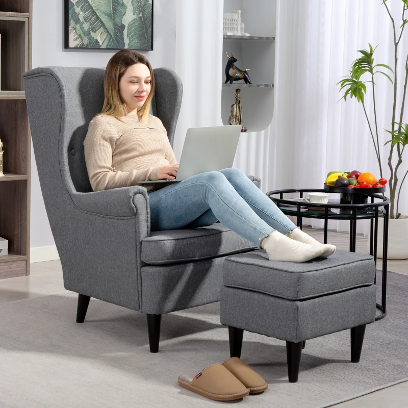 HOMCOM Poltrona per Salotto in Tessuto con Pouf Poggiapiedi, Schienale Alto e Cuscino, 75x83x104 cm, Grigio