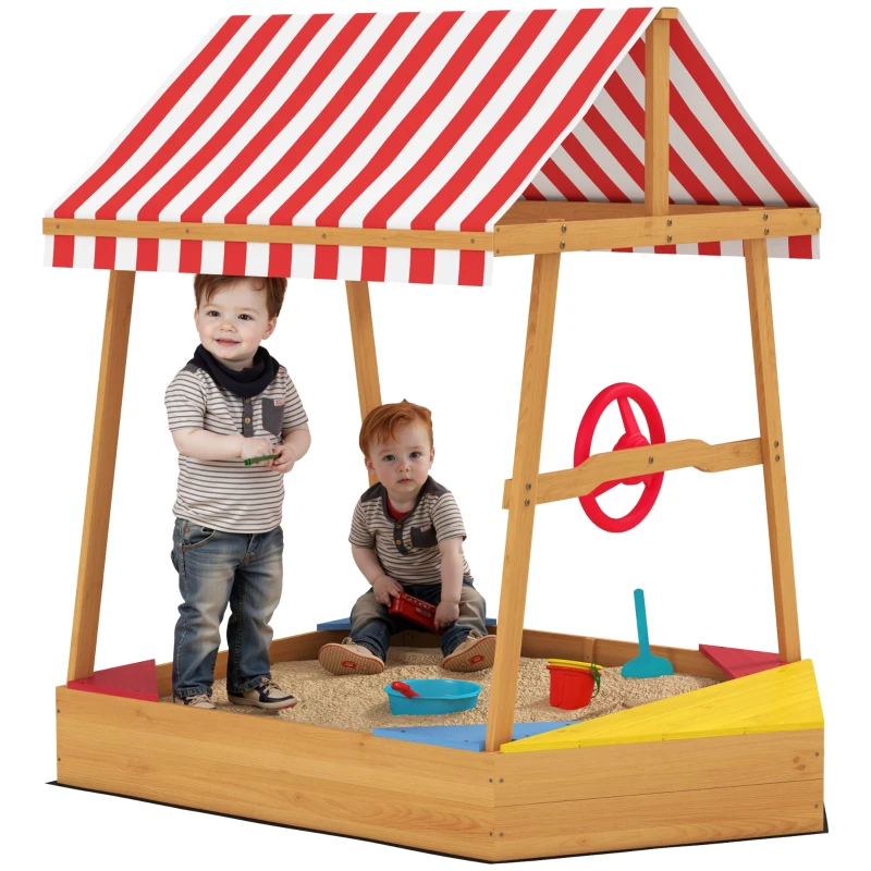 AIYAPLAY Kinder Sandkasten in Bootform mit UV-Schutzdach, Sitzen, Steuerrad und Schutzunterlage, 133 x 101 x 141 cm