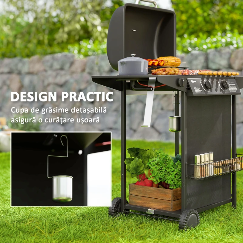 Outsunny Grătar pe Gaz cu Capac, Termometru, Măsuță Laterală și Tavă pentru Colectarea Grăsimii, 107x54x96 cm, Negru
