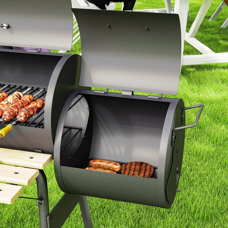 Outsunny Barbecue a Carbone con Coperchio e Affumicatore, BBQ da Giardino con Ripiani e Ruote 124x53x104 cm, Nero