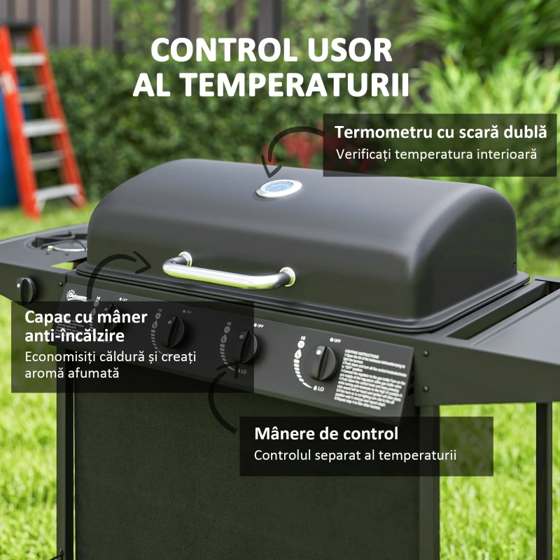 Outsunny Grătar pe Gaz cu Capac, Termometru, Măsuță Laterală și Tavă pentru Colectarea Grăsimii, 121x54x97 cm, Negru