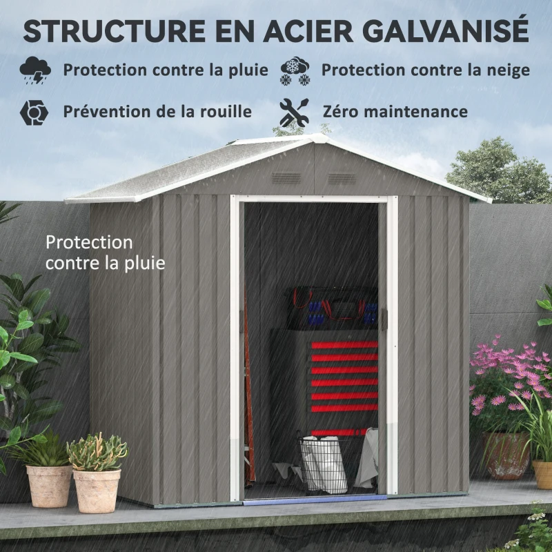 Outsunny Abri de jardin en métal 1,8 m², cabane de jardin à outils en métal, 194 x 110 x 184 cm, grand espace de rangement extérieur avec portes coulissantes et 4 aérations, gris(m-4)