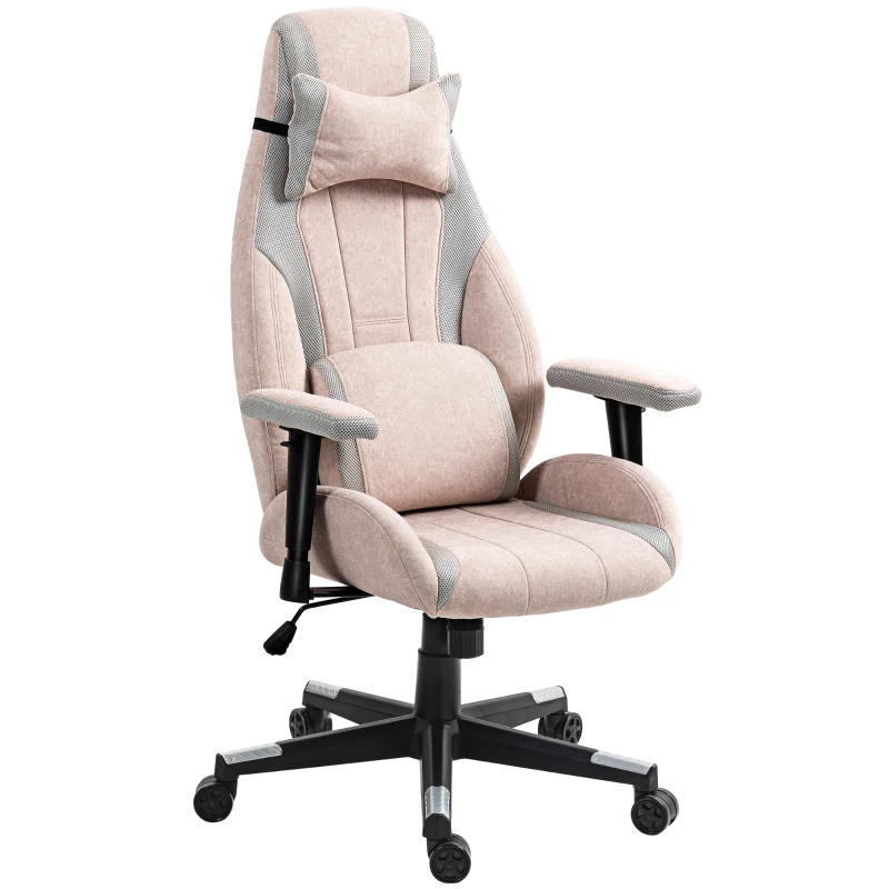 HOMCOM Fabric Gaming Chair with Lumbar Support, Headrest - Pale Pink