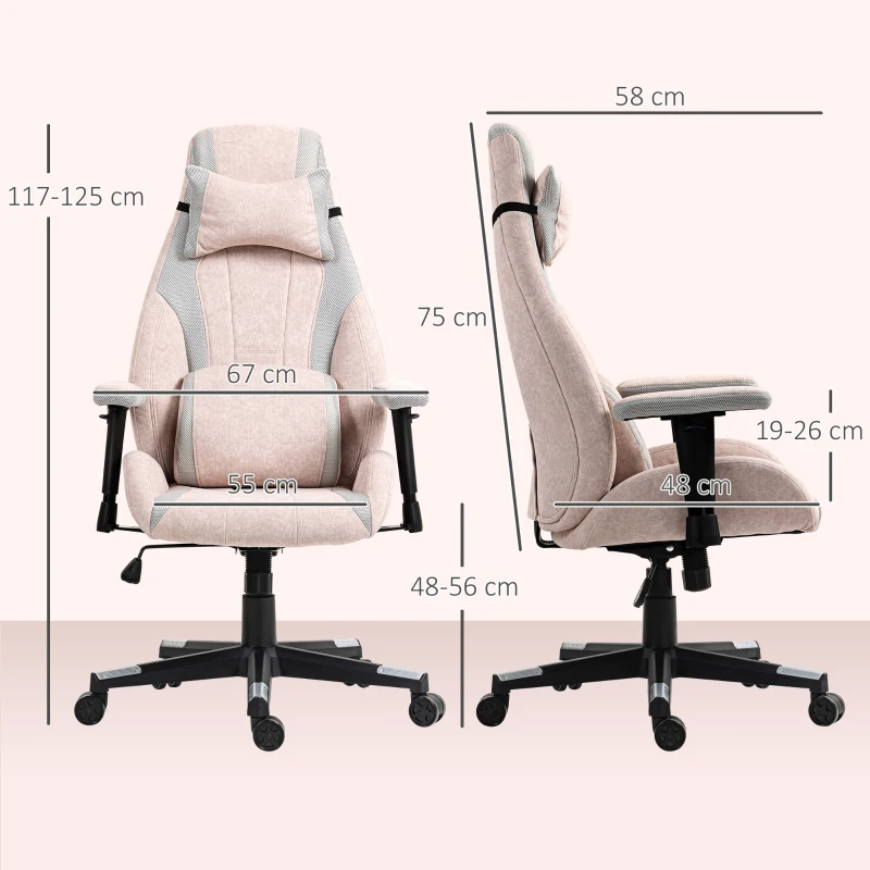 HOMCOM Fabric Gaming Chair with Lumbar Support, Headrest - Pale Pink