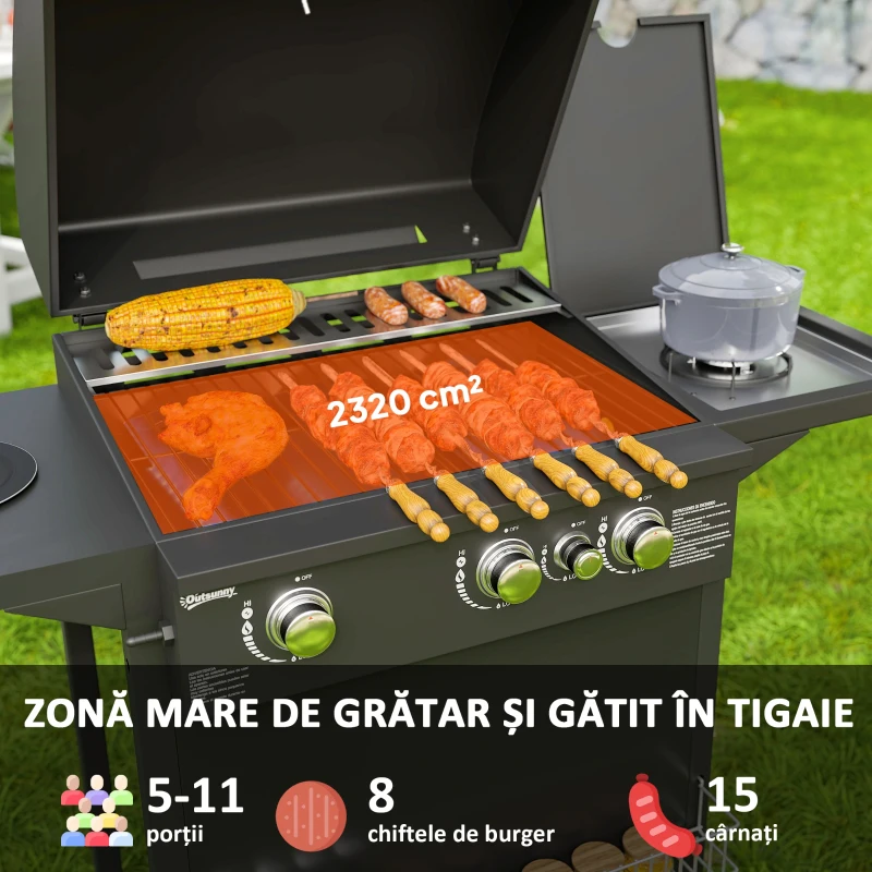 Outsunny Grătar pe Gaz cu Arzătoare Independente 3+1, Capac, Termometru și Măsuță Laterală, 123x57x98 cm, Negru