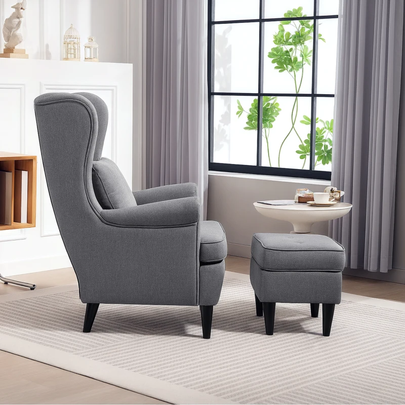 HOMCOM Poltrona per Salotto in Tessuto con Pouf Poggiapiedi, Schienale Alto e Cuscino, 75x83x104 cm, Grigio
