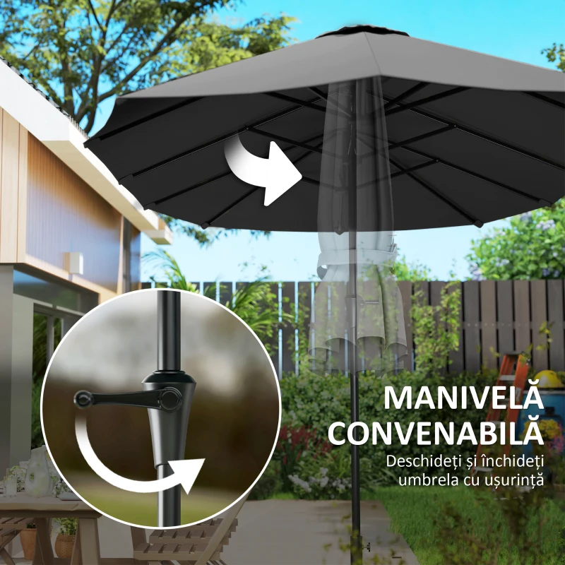 Outsunny Umbrelă Dublă cu Orificii de Ventilație și Manivelă, din Metal și Poliester, 4x2,2x2,34 m, Neagră și Gri Închis