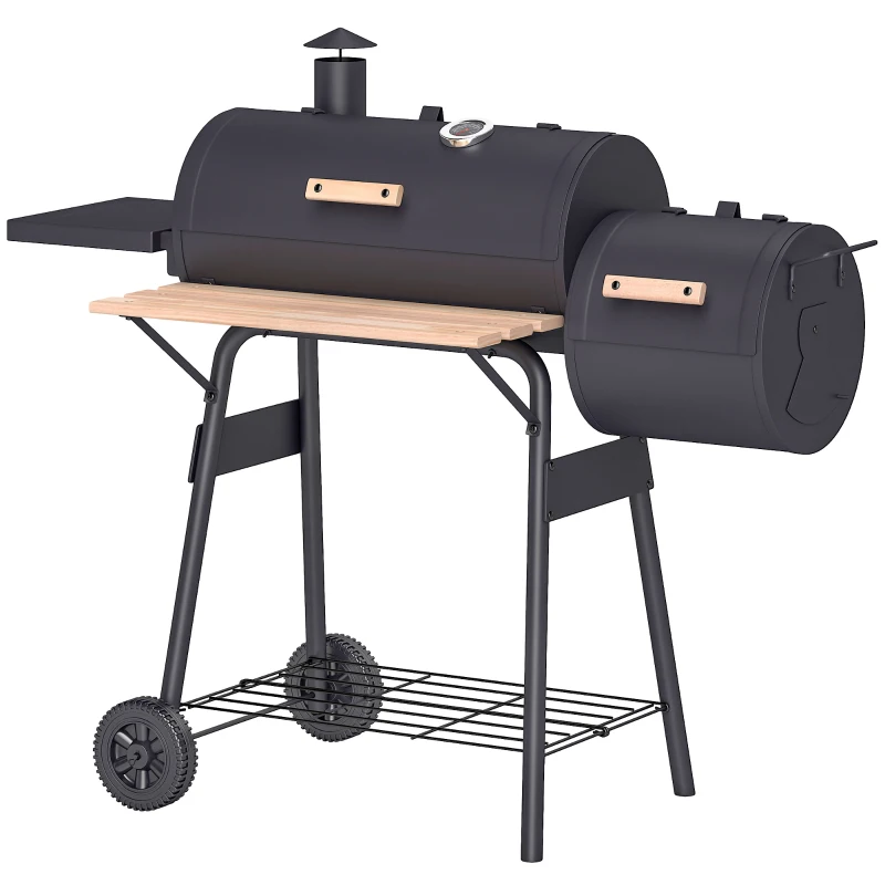 Outsunny Barbecue a Carbone con Coperchio e Affumicatore, BBQ da Giardino con Ripiani e Ruote 124x53x104 cm, Nero