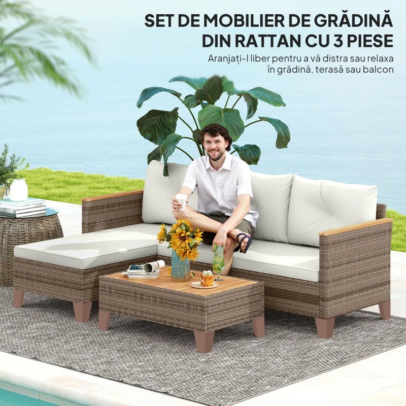 Outsunny Set de Mobilier de Grădină din 3 Piese cu Canapea, Șezlong și Măsuță de Cafea, 128x66x66 cm, Kaki