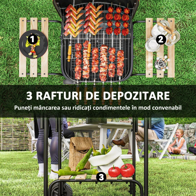 Outsunny Grătar cu Cărbune 3 Rafturi și Roți, Capac cu Aerisire Reglabilă, Roșu