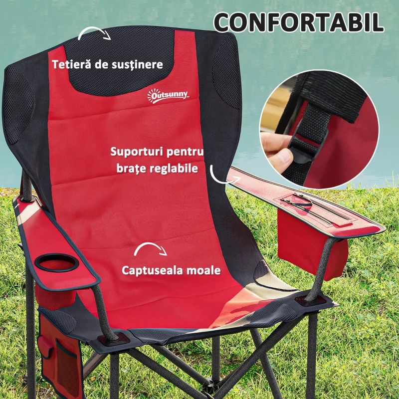 Outsunny Set 2 Scaune de Camping Pliabile cu Geantă Frigorifică, Suport pentru Pahare și Tetieră, 94x62x100 cm, Roșu