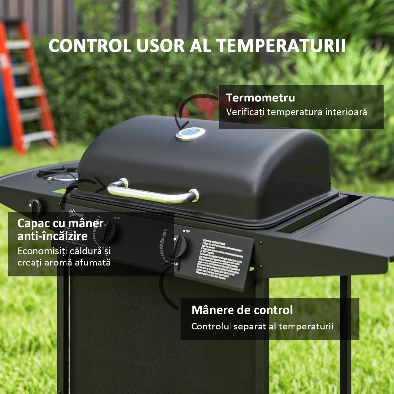 Outsunny Grătar pe Gaz cu Capac, Termometru, Măsuță Laterală și Tavă pentru Colectarea Grăsimii, 107x54x96 cm, Negru