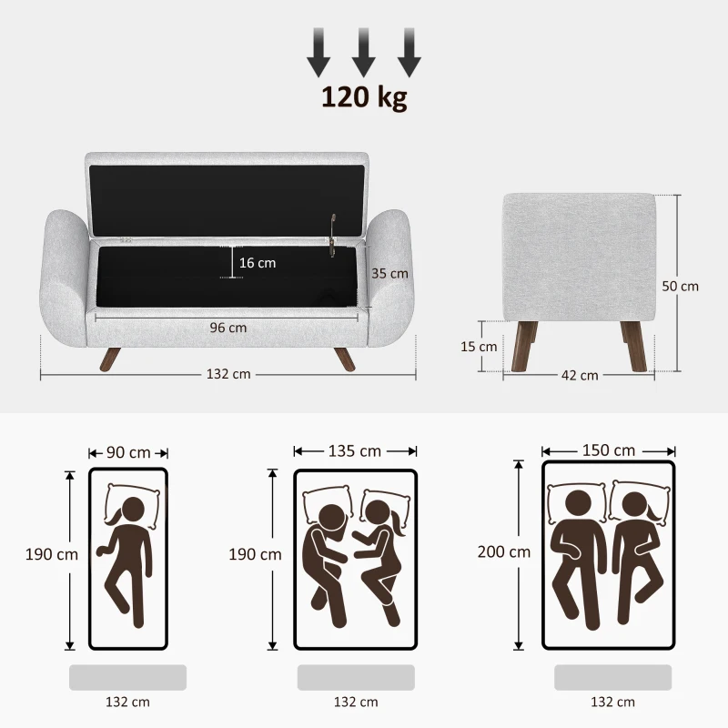 HOMCOM Aufbewahrungsbank 53,8L mit gepolsterter Sitzfläche aus Leinen und Armlehnen, für Wohnzimmer, Schlafzimmer, Eingangsbereich, 132 x 42 x 50 cm, grau