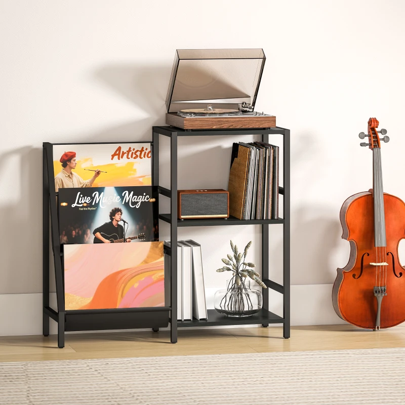 HOMCOM 3-Tier Record Player Stand, End Table for Living Room, Bedroom - Black Wood Effect