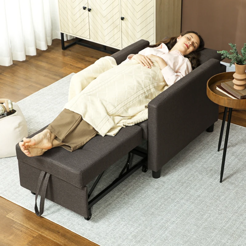 HOMCOM Sofá Cama Individual Poltrona com 4 Rodas Encosto Reclinável Almofada Extra e Assento Acolchoado 69x82,5x84 cm Cinzento