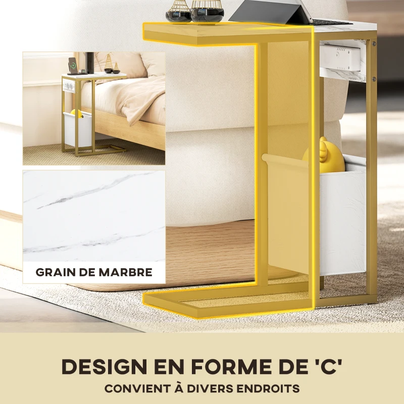 HOMCOM Table d'appoint forme C avec station de charge sac de rangement en tissu plateau aspect marbre, 46 x 25 x 62,5 cm, blanc