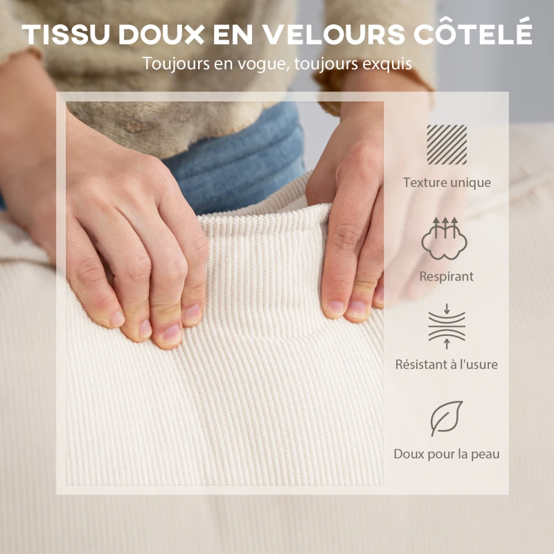 HOMCOM Canapé d'angle réversible 3 places moderne avec coussins inclus, tissu velours côtelé, crème(m-7)