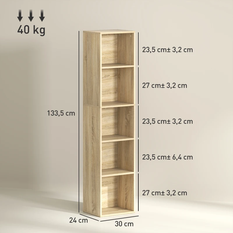 HOMCOM Bücherregal Aufbewahrungsregal 5 Ebenen mit verstellbaren Regalen für Wohnzimmer, Schlafzimmer, Büro, 30x24x133,5cm, Naturholz