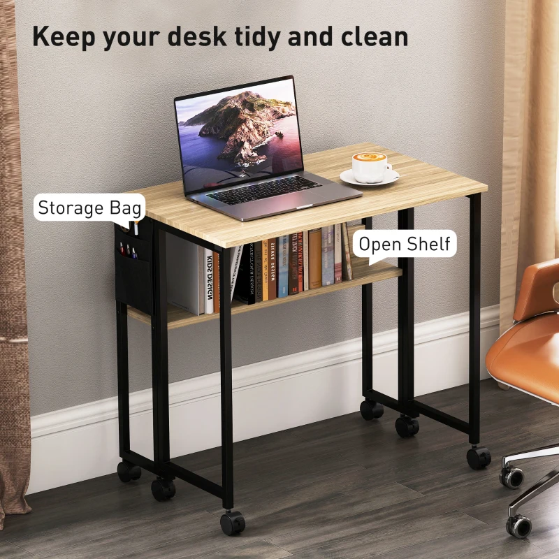 HOMCOM Bureau pliable sur roulettes 80 x 50 cm avec étagère et sac de rangement, chêne