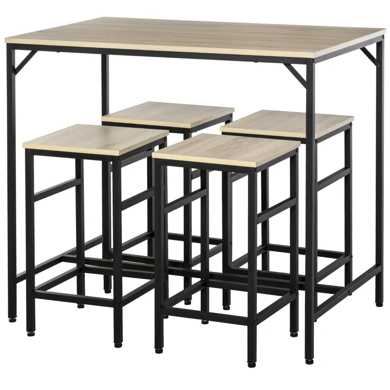 HOMCOM Hoch Tisch Set mit 4 Barhockern im Industrial Stil aus Metall und Holz, Hell Eiche