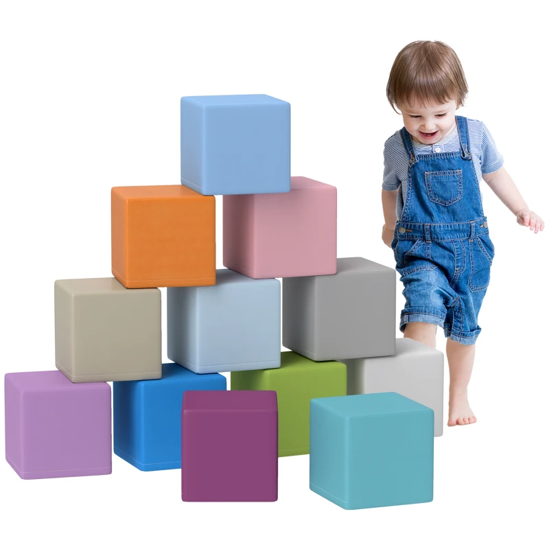 HOMCOM Set 12 Weiche Spielzeugwürfel für Kinder 12-36 Monate aus PU und EPE, 20x20x20cm, Dunkelbunt
