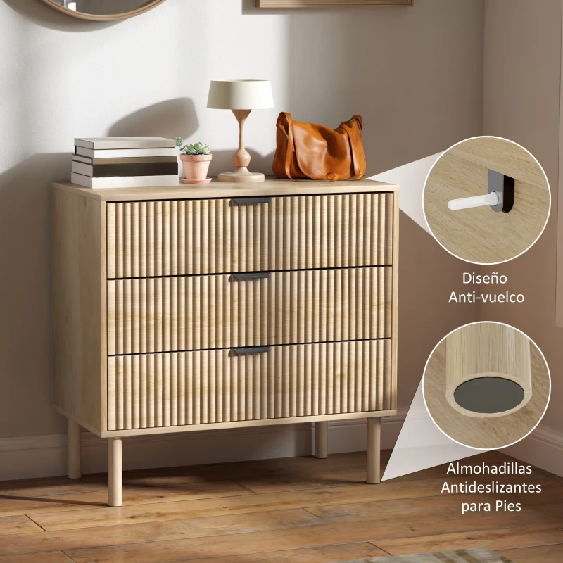 HOMCOM Cómoda de Dormitorio Estilo Nórdico con Cajones Amplios Paneles Acanalados y Tiradores Metálicos 80x40x77,5 cm Roble