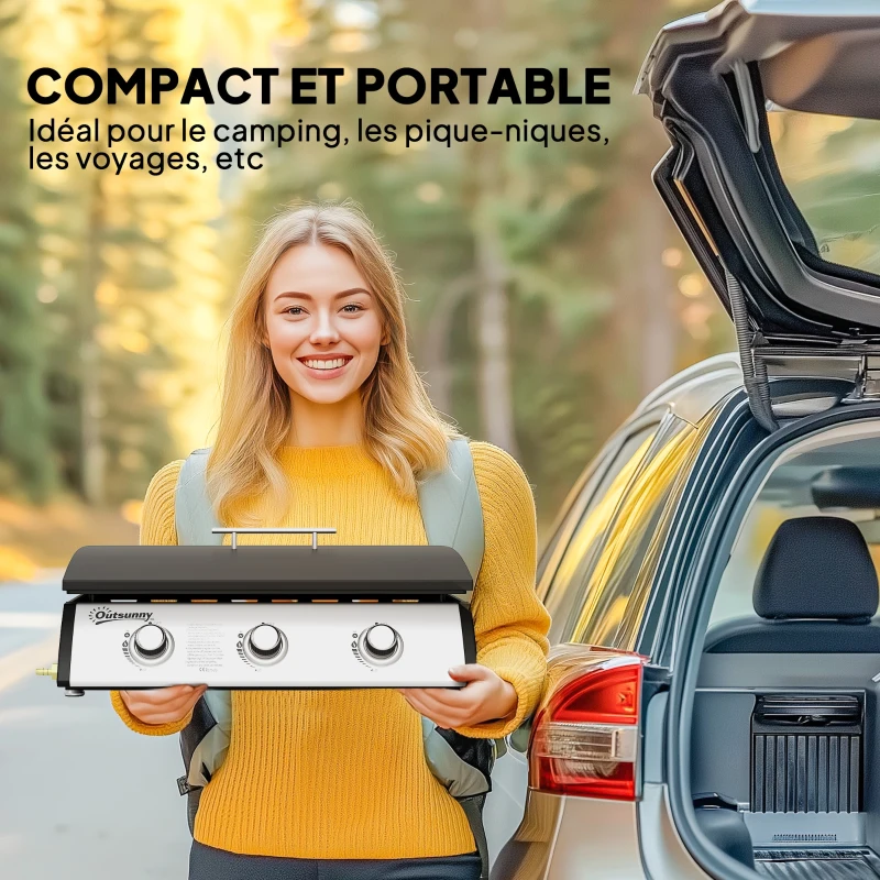 Outsunny Plancha gaz 3 brûleurs 7,5 kW, surface cuisson 61 x 35,5 cm avec couvercle, gaz liquéfié/propane, 63 x 47 x 25 cm noir