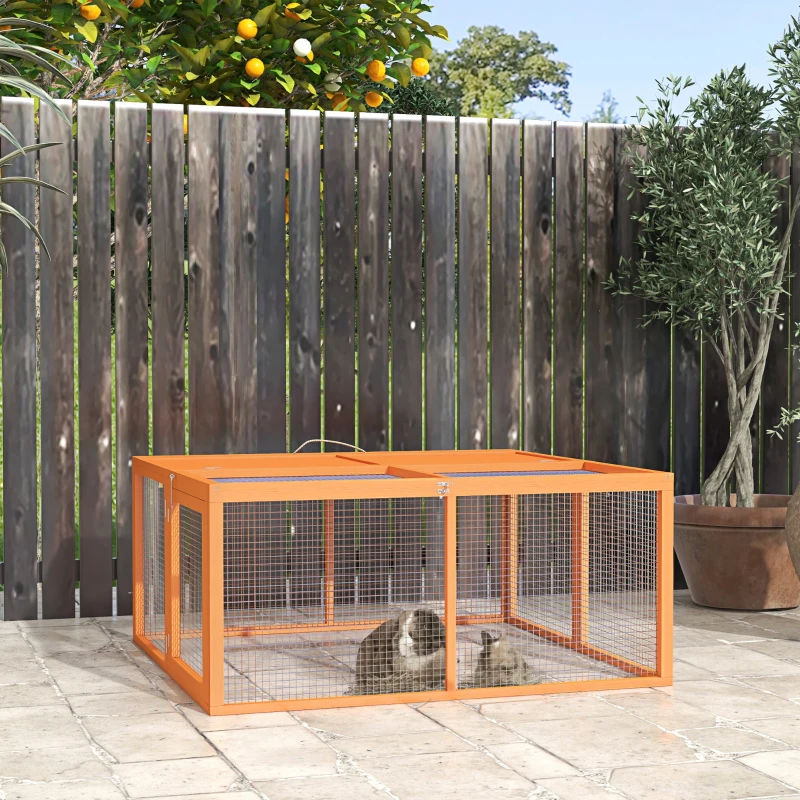 PawHut Kaninchenstall für den Außenbereich Klappbar für 2-3 Nagetiere mit Mehreren Eingängen, aus Holz und Stahl, 110x105x50 cm, Orange